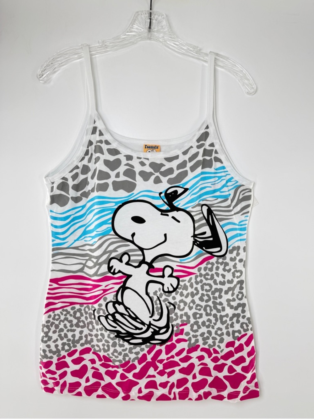 Peanuts Dancing Snoopy Tank Top w/ Blue & Pink Animal Print Graphics Size Jr XL - Picture 3 of 11